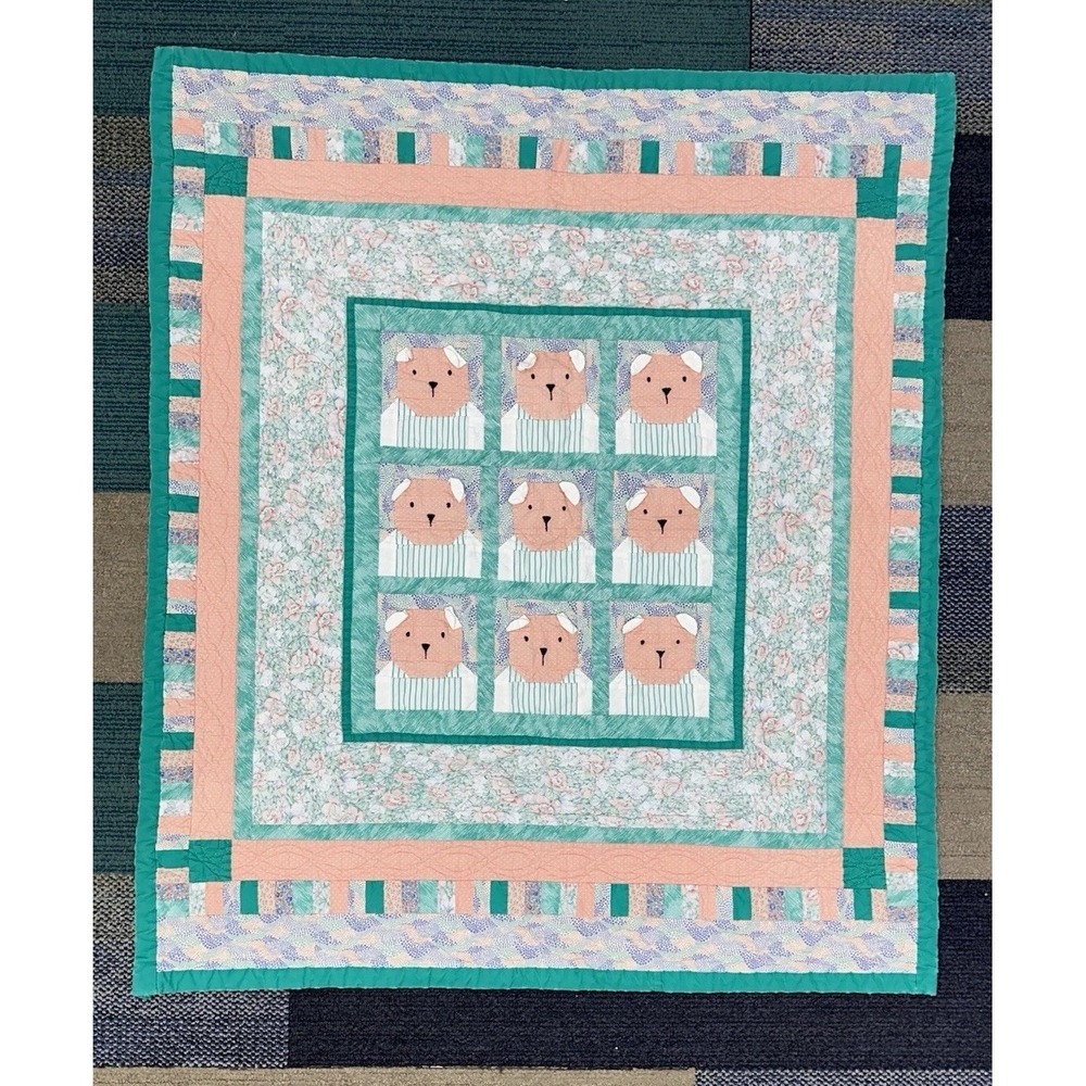 Handmade Teddy Bear Quilt Pastel Floral Patchwork Baby Crib Blanket Pink Green